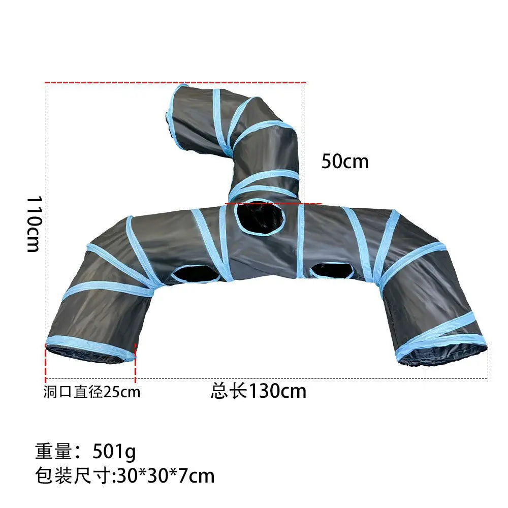 A black, flexible cat tunnel with multiple blue entrances is shown flat and stretched out.