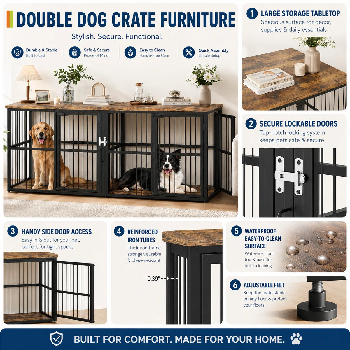 Extra Large Wooden Double Dog Crate with Divider and 3 Doors