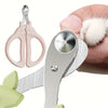 Silver pet cat nail clippers with a pink safety guard and a white cat paw