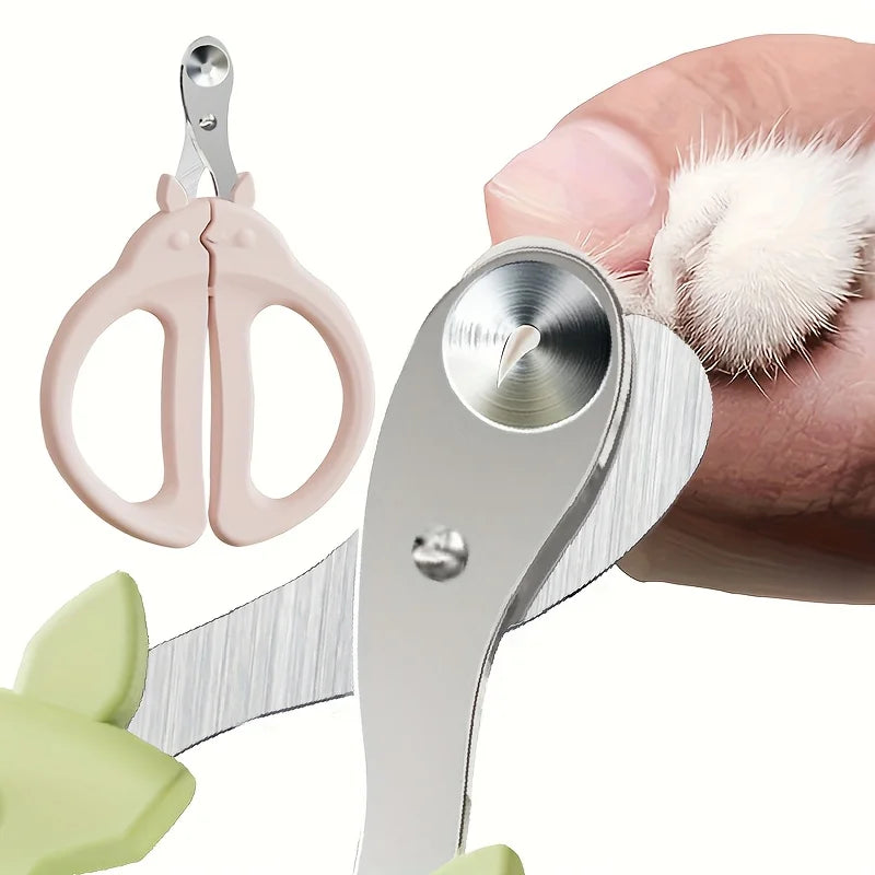 Silver pet cat nail clippers with a pink safety guard and a white cat paw