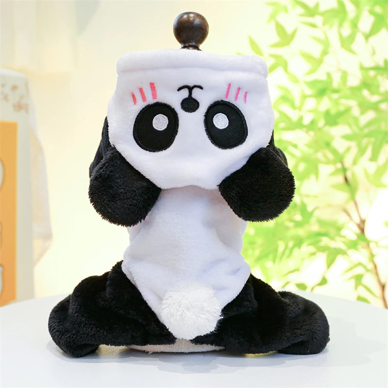 A plush fleece pet overalls featuring a panda face design for dogs and cats.