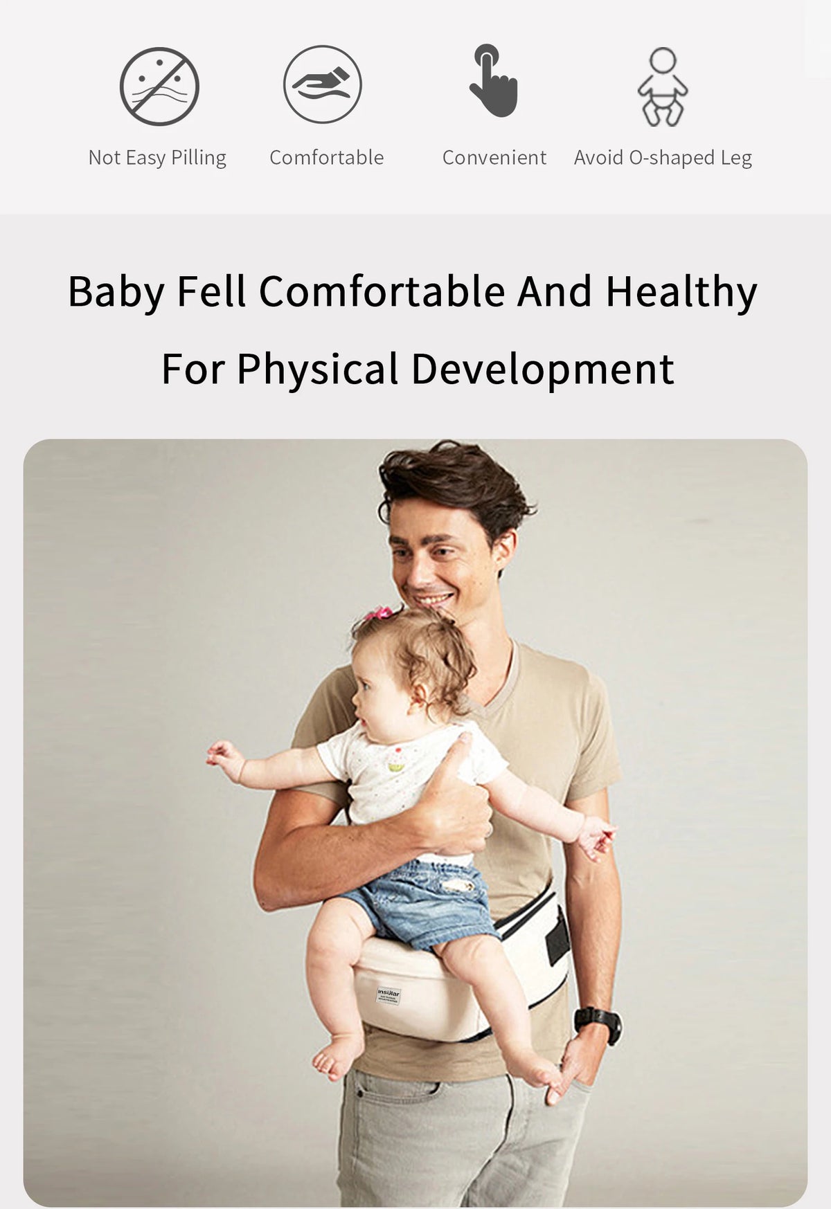 Un padre sostiene a un bebé en un portabebés ajustable diseñado para el desarrollo físico.