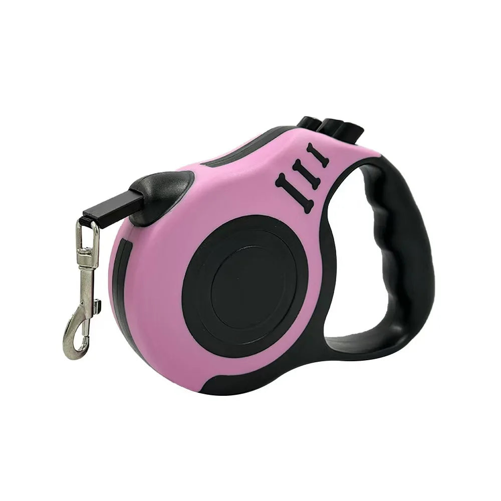 A pink and black automatic retractable dog leash with a handle and clip.