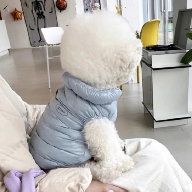 Ein flauschiges weißes Haustierkleid wird von einer Person gehalten und liegt auf einer hellen Oberfläche.