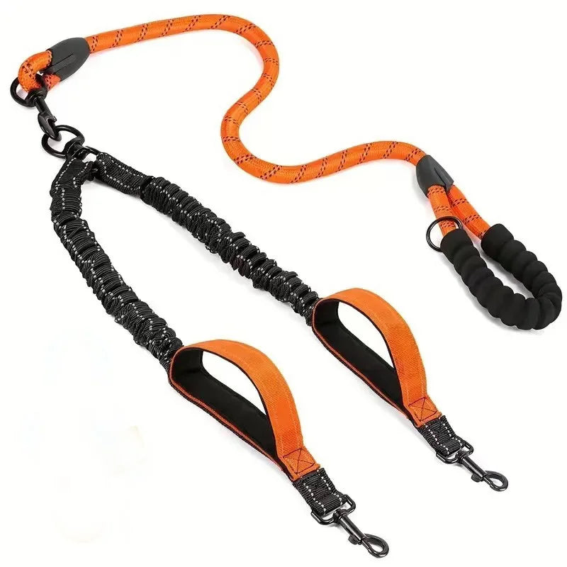 Orange and black reflective dual dog leash with two traffic handles