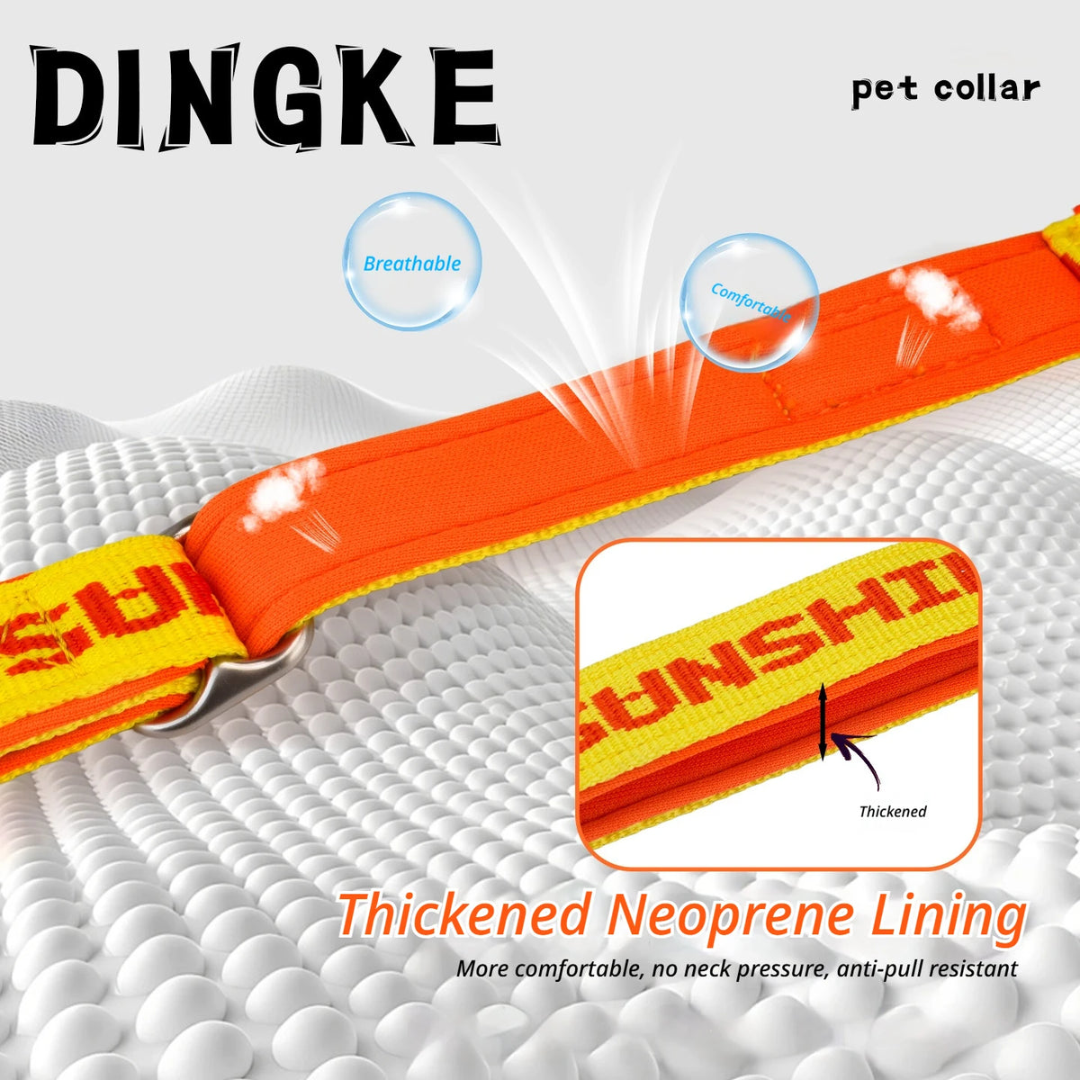 Orange pet collar featuring a thickened neoprene lining and yellow fabric, shown against a white background.