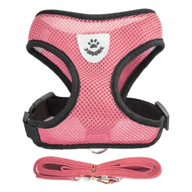 Pink mesh pet harness vest with black trim and reflective material for small dogs and cats