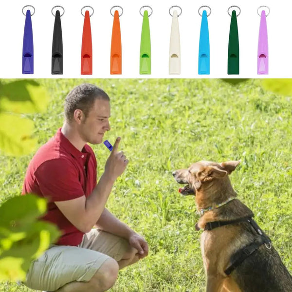 A man is training a dog with a compact dog training whistle outdoors in a grassy field.