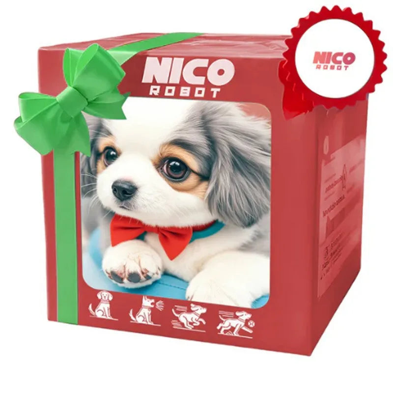 A red box for the Nico Robot interactive plush puppy toy featuring a dog with a bow and green ribbon.