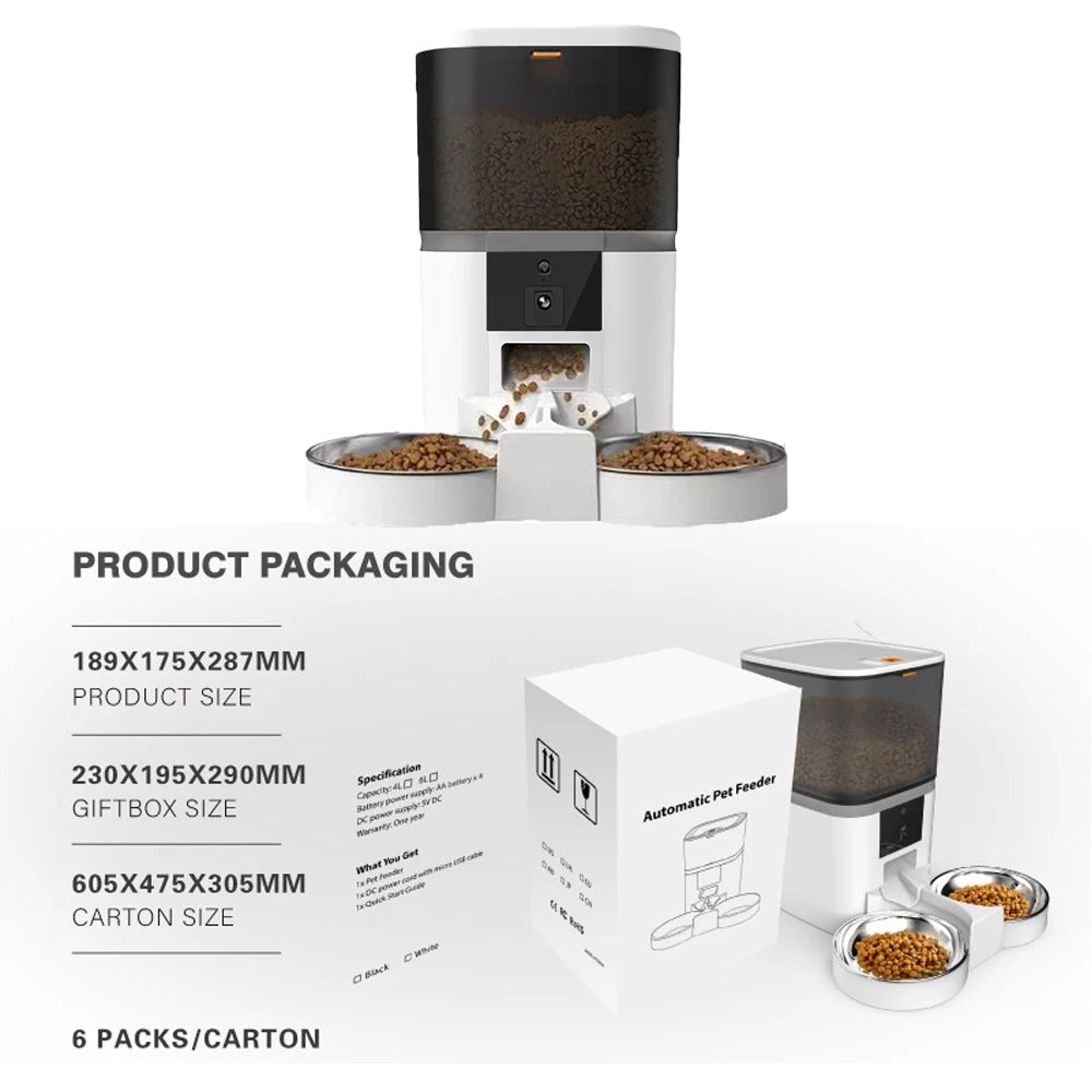 Weißer, automatischer Haustierfutterspender mit schwarzem Deckel neben Verpackung und Futterportionen.