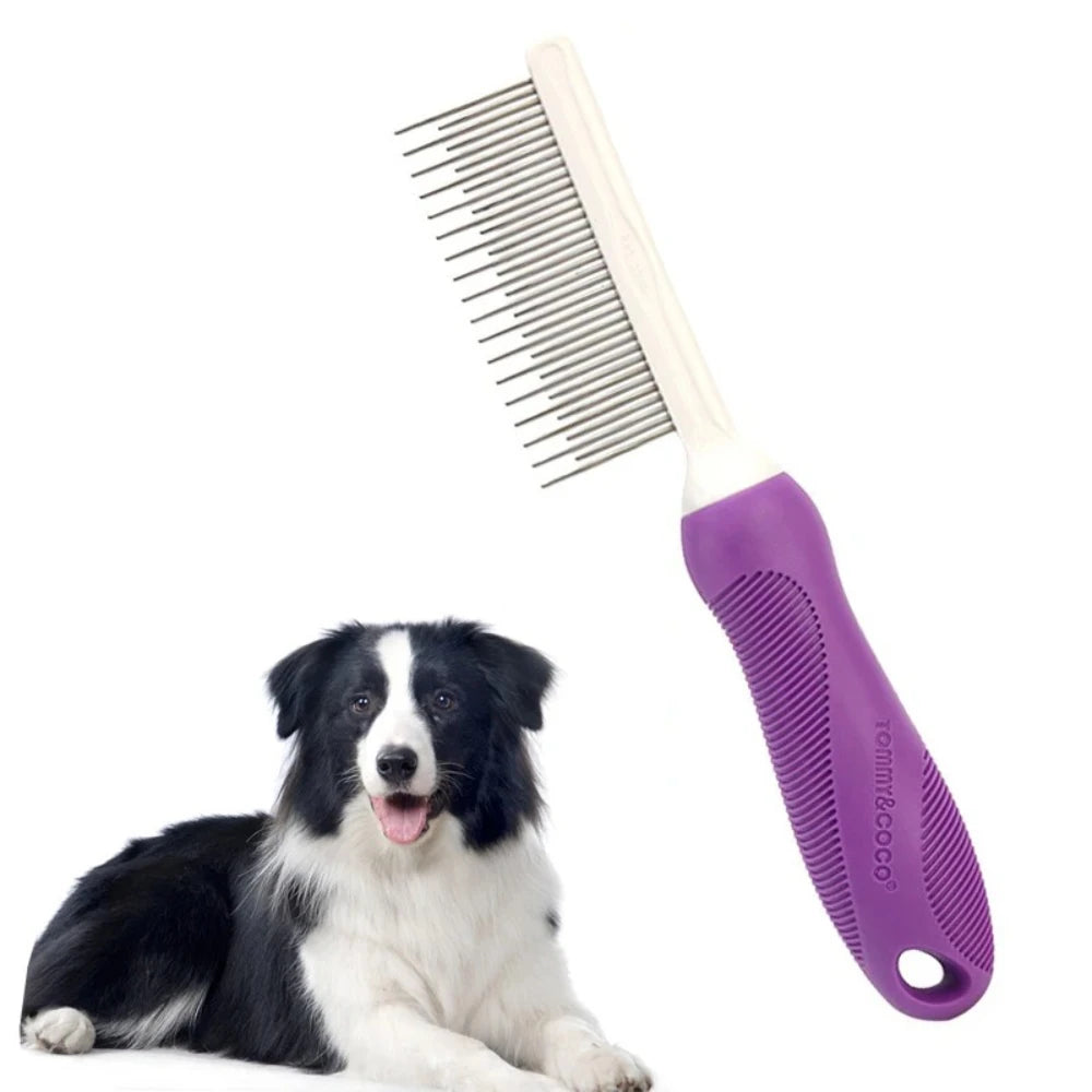 A purple dual-sided pet grooming comb with stainless steel teeth next to a black and white dog.