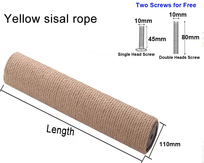 A roll of yellow sisal rope with dimensions and screw examples shown.