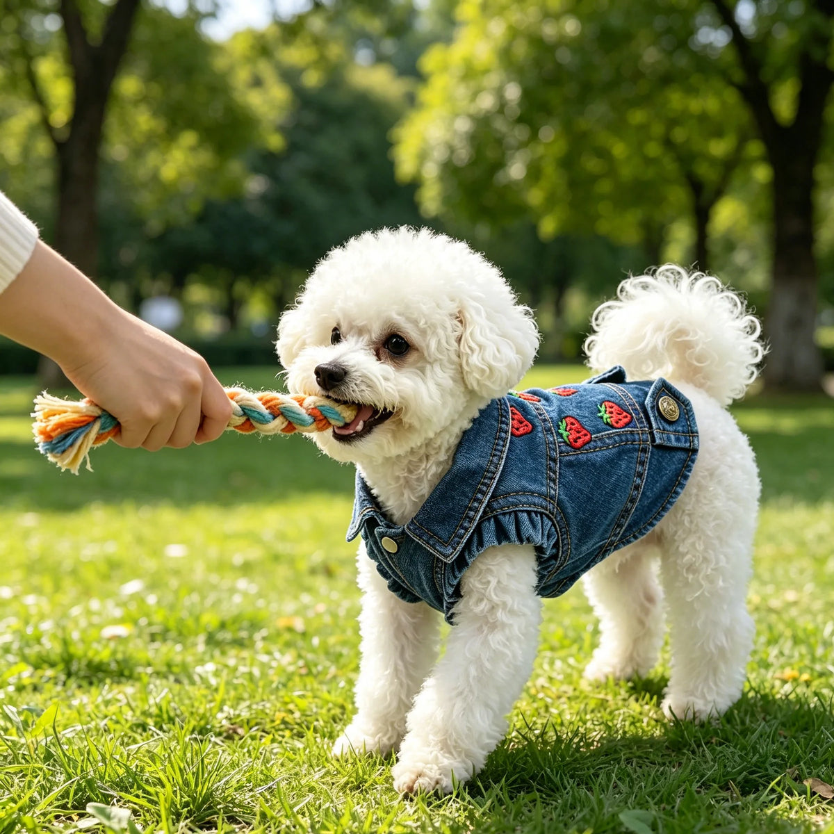 Un chien blanc et duveteux portant une veste en jean est joué par une personne dans un parc gazonné.
