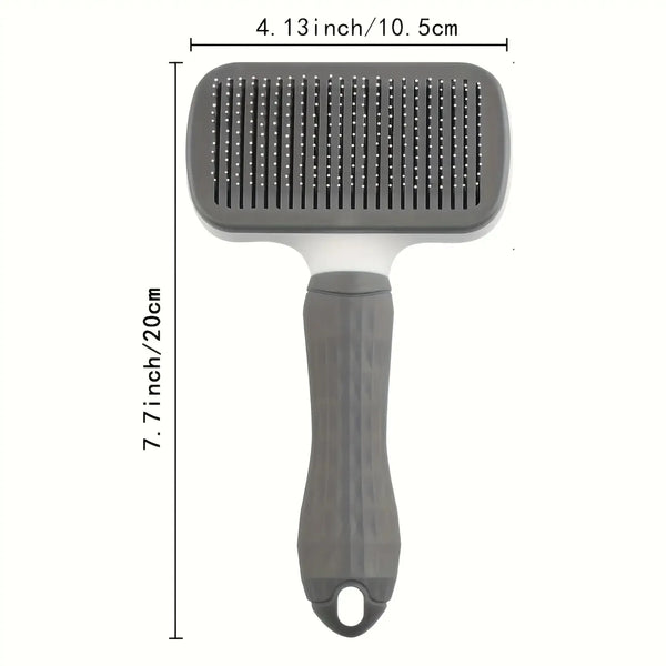 A gray pet grooming brush with a silicone comb and wooden handle is shown against a white background.
