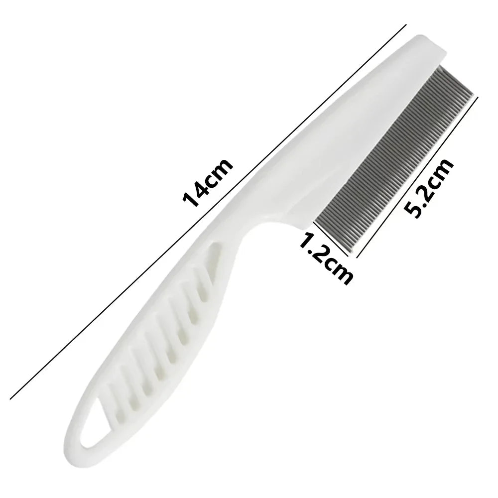 A white stainless steel pet grooming comb with a 5.2cm comb and a 14cm handle.