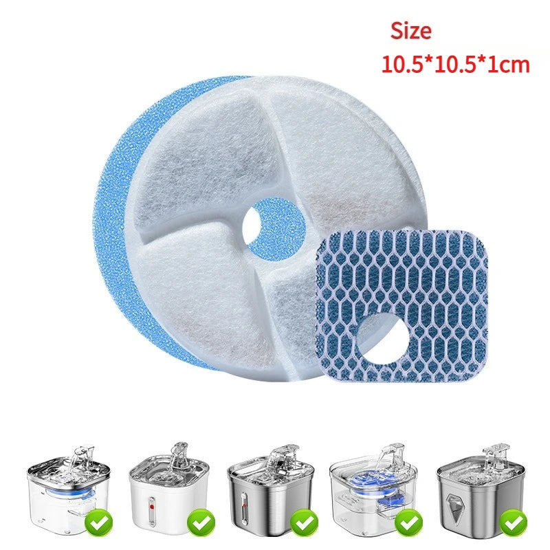 Replacement filters for a cat water fountain showing various sizes and types of replacement filters.