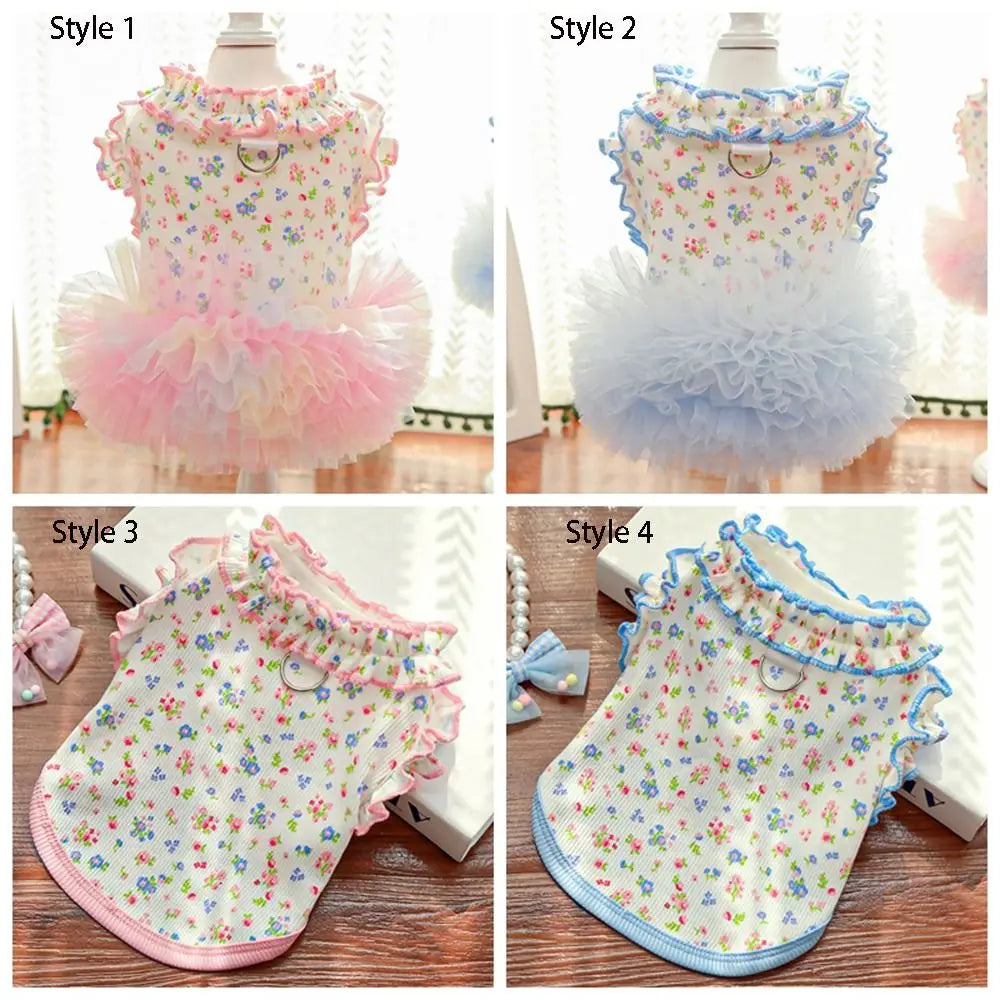 Four styles of floral vest apparel for dogs and cats shown in different colors and designs