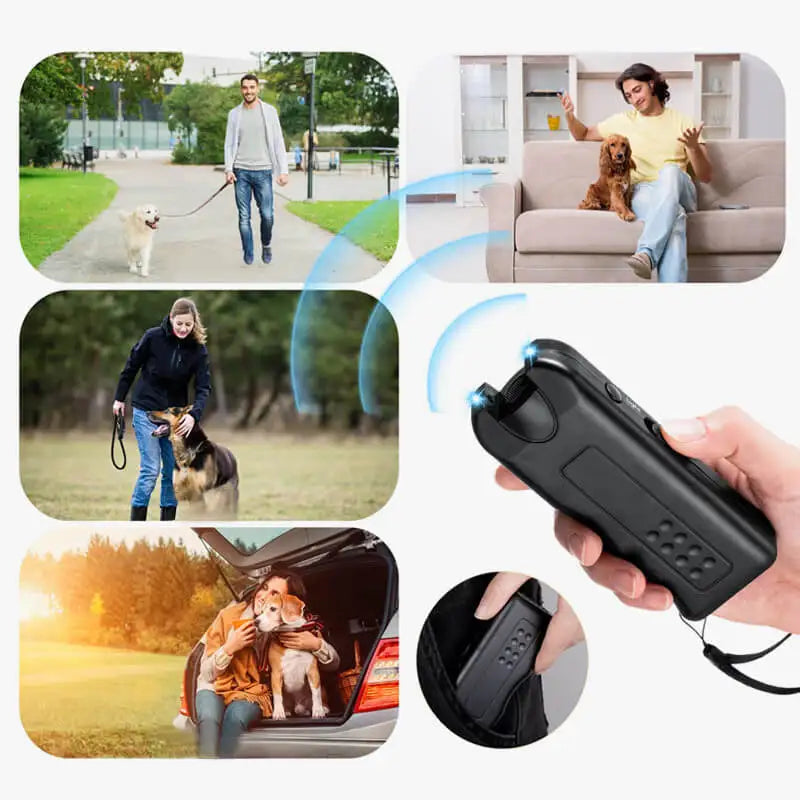 Dispositivo de ultrasonido negro para ahuyentar perros, mostrado en una mano con imágenes de su uso.