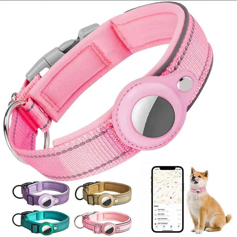 A collection of pink and multi-colored dog collars with built-in AirTag holders shown next to a smartphone.