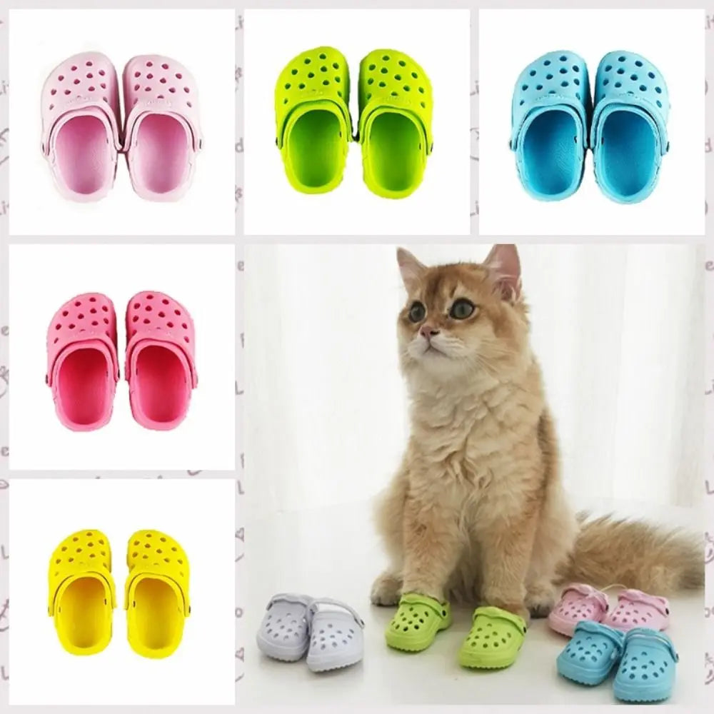 A collection of colorful non-slip pet sandals for dogs in pink, lime green, and blue shades.