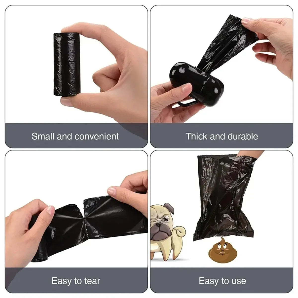 Ein Set schwarzer Hundekotbeutel für verschiedene Verwendungen wie Halten, Reißen und Entsorgen.