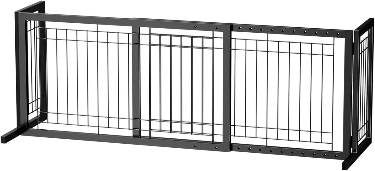 A black adjustable wooden pet gate with vertical bars for indoor use.