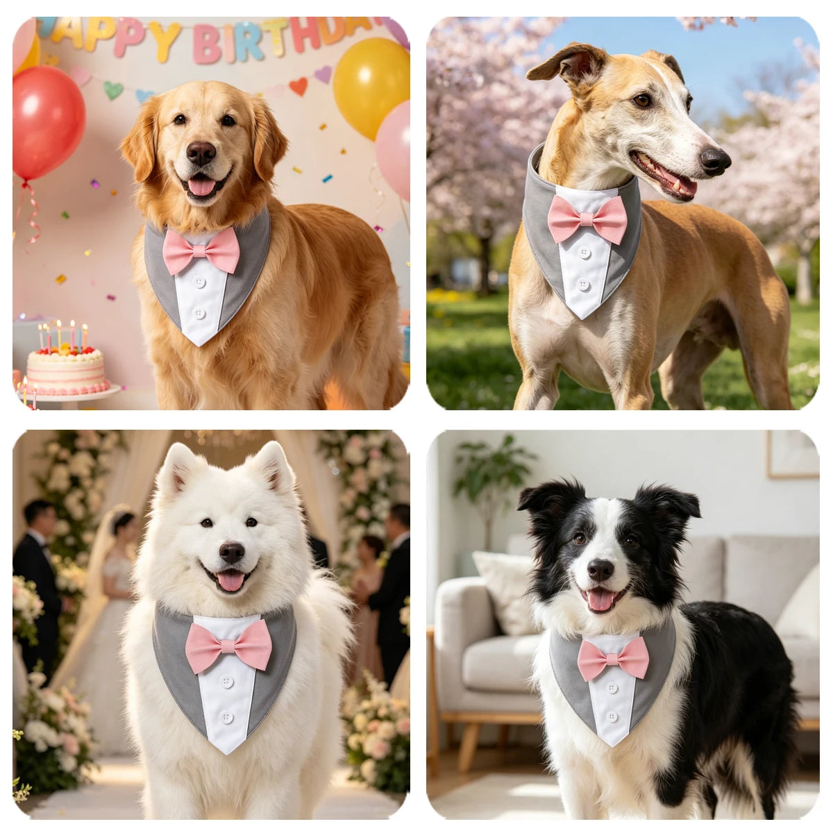 A collection of four photos showing dogs wearing elegant tuxedo-style bow tie bandanas for parties.
