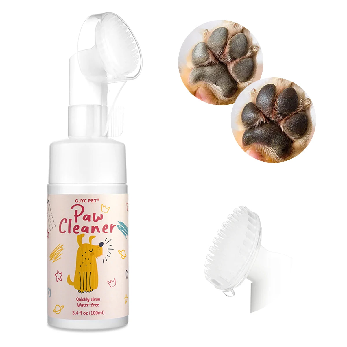 Eine Flasche Pet Paw Cleaner Schaum mit Pumpenabguss und Schaumapplikator neben Nahaufnahmen von Tierpfoten.