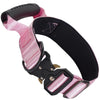 A pink and black tactical dog collar with a handle, featuring heavy-duty nylon for training.