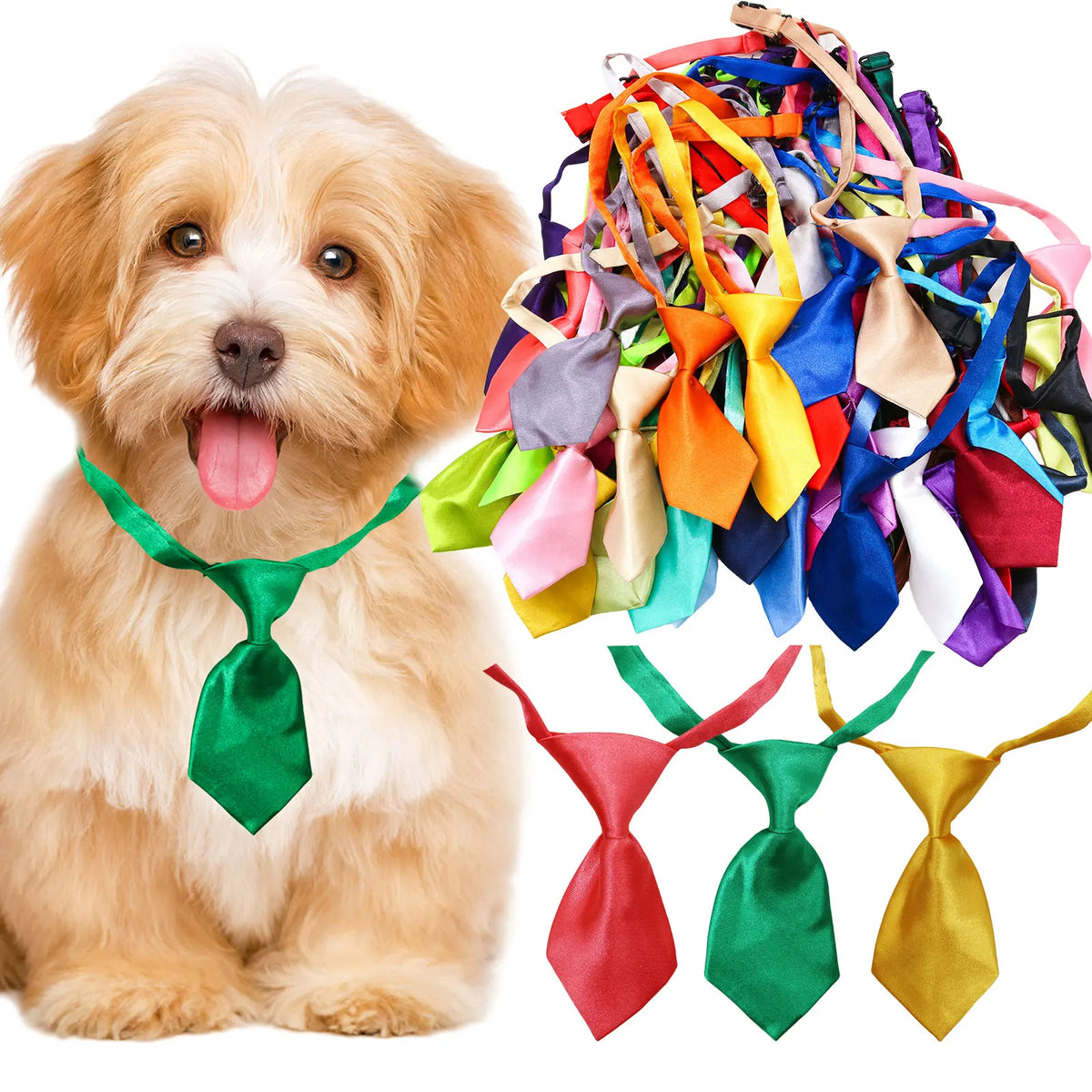 Un perro con una corbata verde junto a una variedad de pañuelos ajustables para perros y gatos.