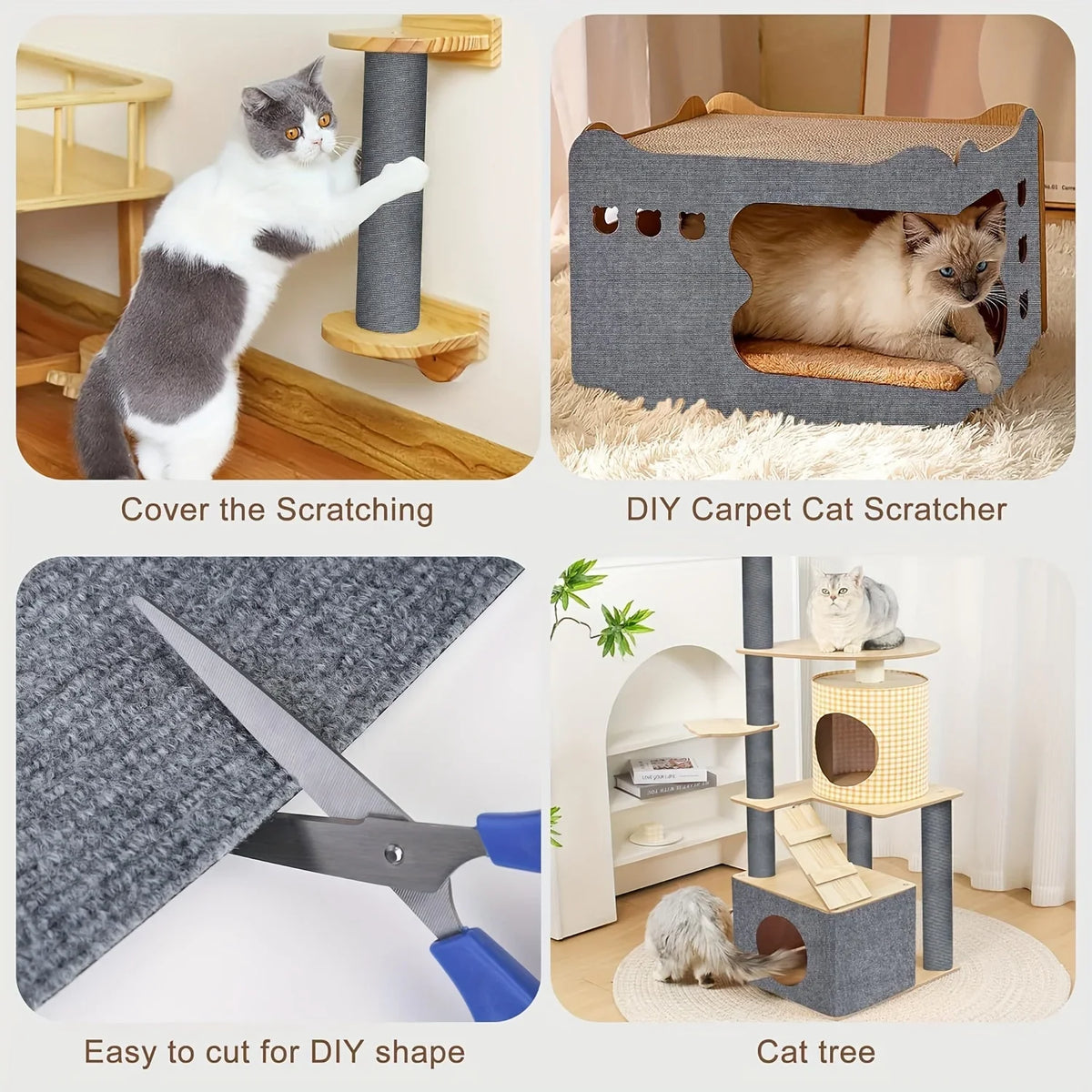 Various DIY cat scratchers including a cover, carpet mat, and cat tree for feline use