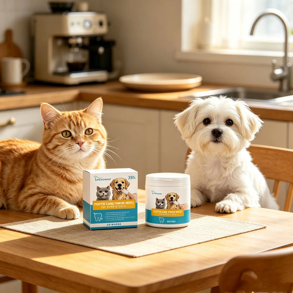A fluffy white dog sits next to an orange tabby cat on a wooden table with pet dental cleaning wipes visible.
