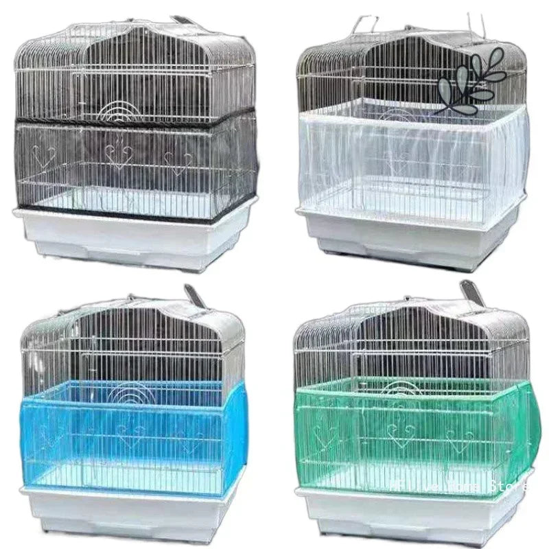 Four bird cages with varying mesh sizes and colors, including silver, white, blue, and green.