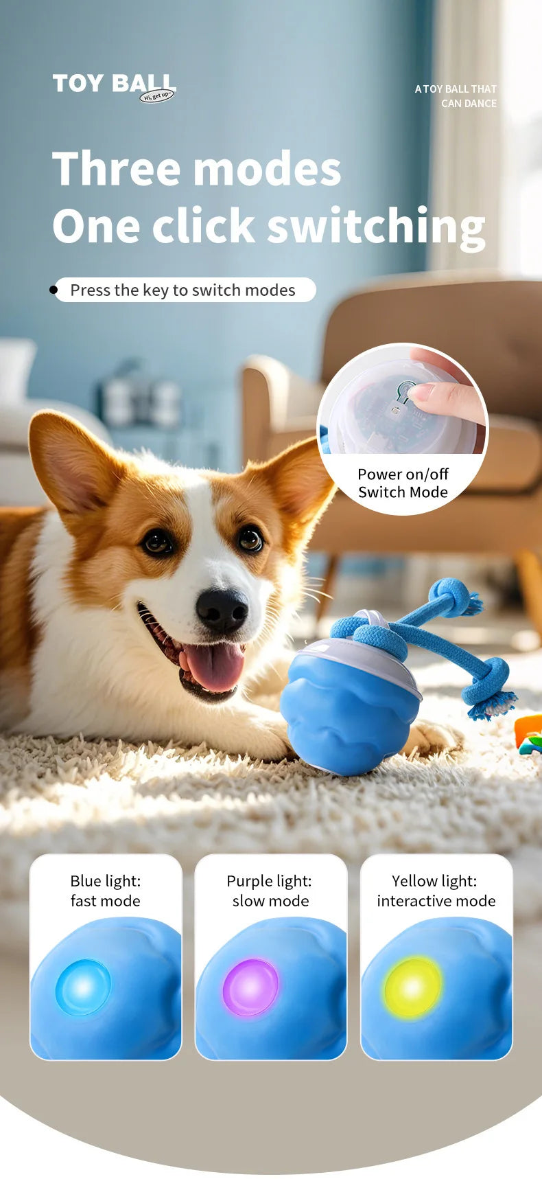 Interactive Rolling Dog Ball with Motion Sensor and Rope