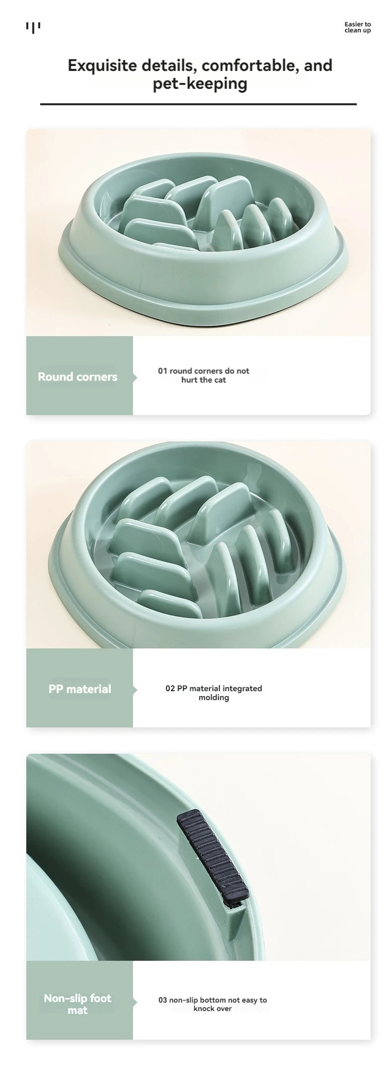 A light green anti-choking slow feeder bowl for pets, showing its rounded corners, PP material molding, and non-slip foot mat