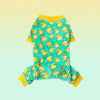 Yellow duck dog pajamas for small dogs featuring a pattern of yellow ducks on a teal fabric.