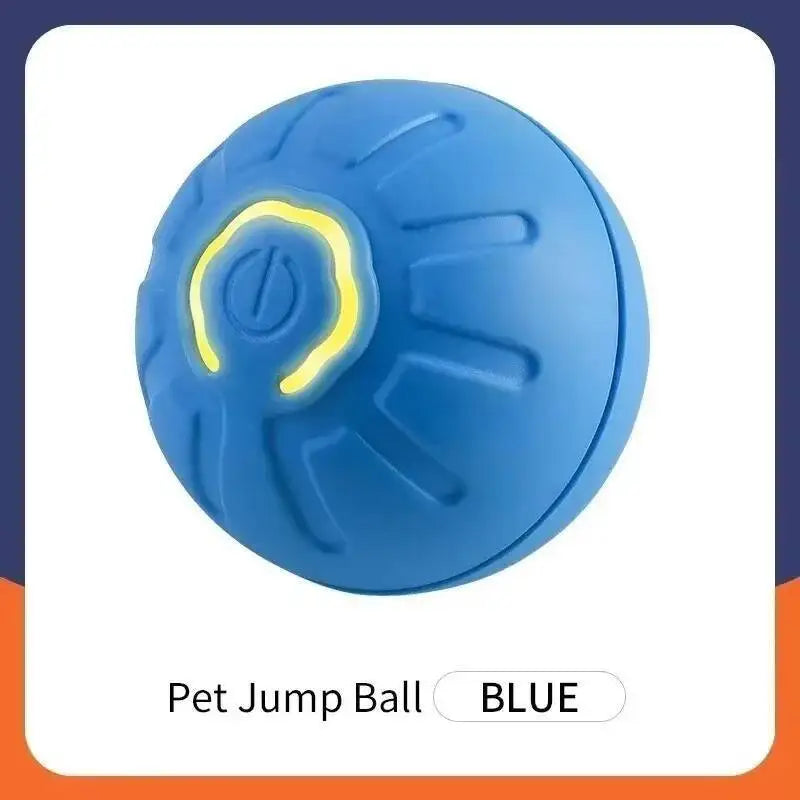 A blue interactive pet jump ball with a glowing yellow center.