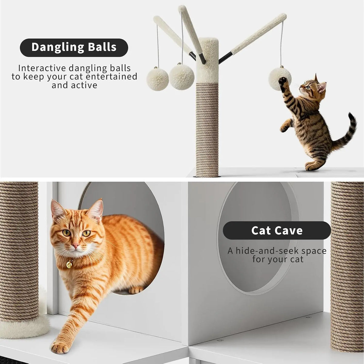 A large cat tree featuring dangling balls, a cat cave, and scratching posts for an entertained cat.