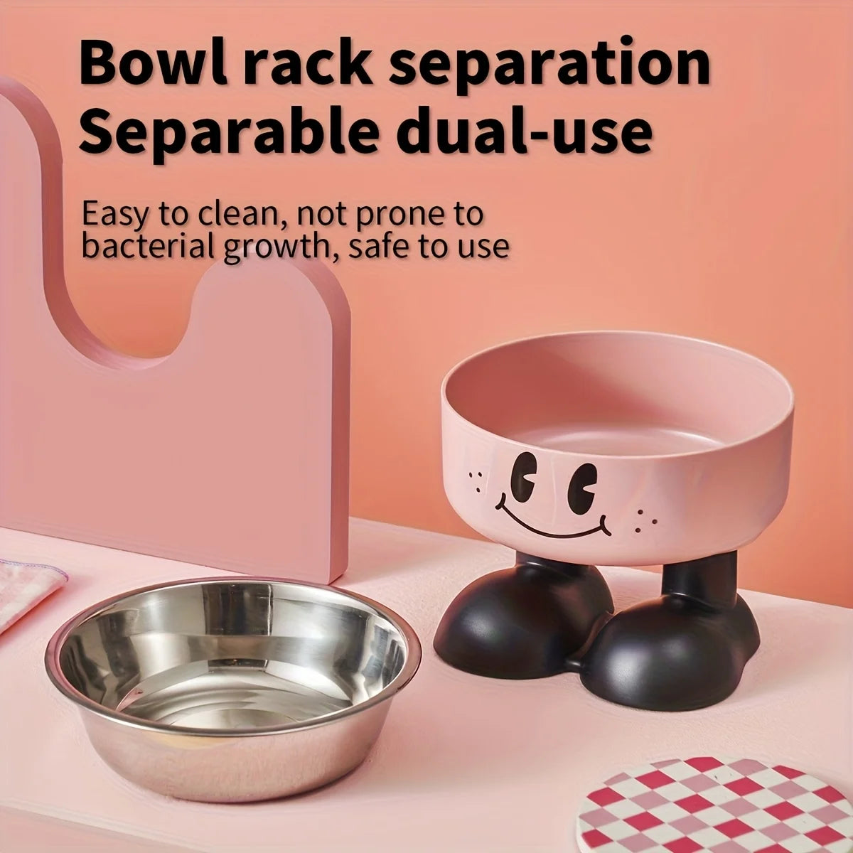 Pink bowl rack separation dual-use featuring a stainless steel bowl and a black stand.