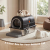 A stainless steel large cat litter box placed on a rug with a cat resting nearby.