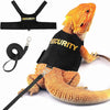Schwarze Sicherheitsgurte und Leine-Set für einen Bearded Dragon, जिसमें die Gurte und Leinenkomponenten gezeigt werden.