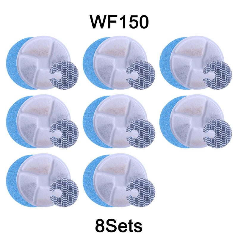Eight replacement filters for a WF150 cat water fountain, showing various sizes and mesh patterns.