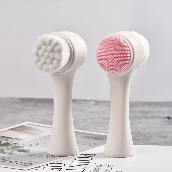 A pair of white silicone pet paw cleaners with dual bristles, shown against a light gray background.