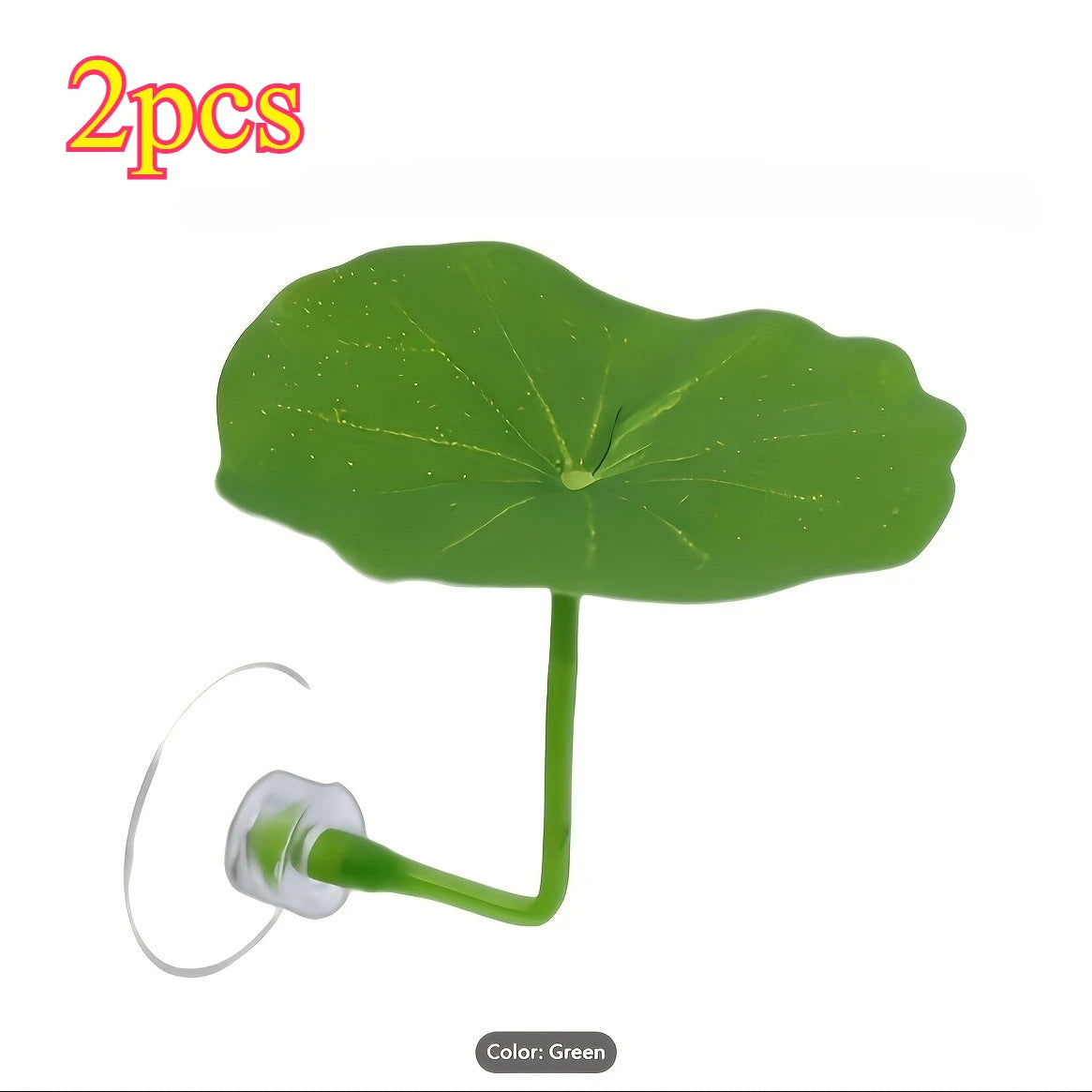 Two artificial green lotus leaves with a stem and a clear tube for betta fish rest bed
