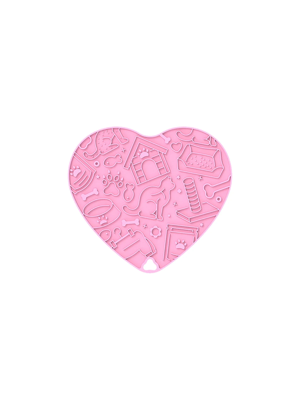 Pink heart-shaped interactive dog lick mat with various suction cup toys for slow feeding