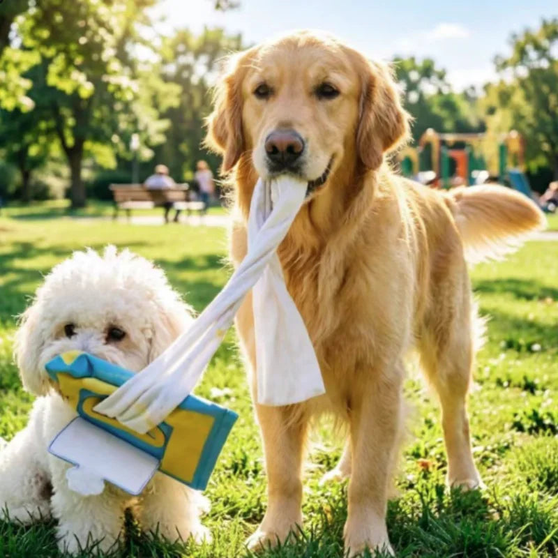 A golden retriever is interacting with an interactive denim puzzle toy for dogs and cats in a grassy park.