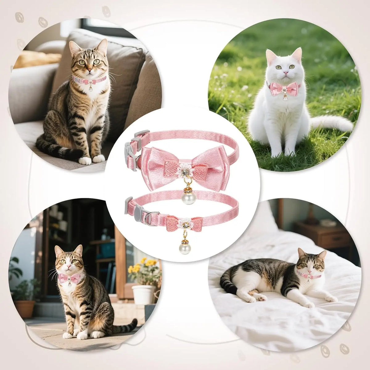 A collection of adorable pink bow cat collars with breakaway safety buckles shown in various contexts.