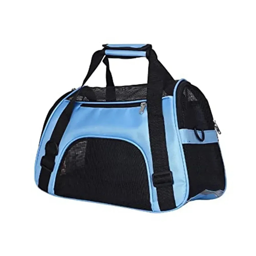 Portables faltbarer Transport für Haustiere in schwarz und hellblau mit Griff.