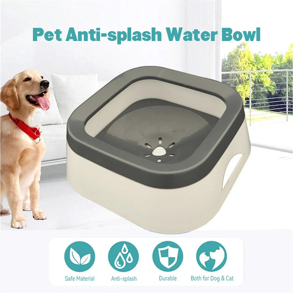 A beige pet anti-splash water bowl is shown next to a golden retriever.