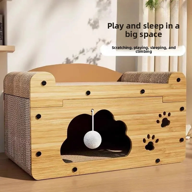 2-in-1 Cat Scratcher House with Hideout and Lounge Bed